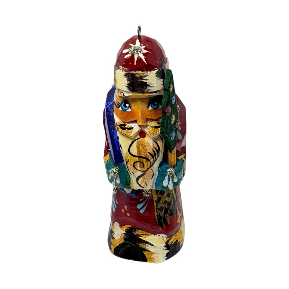 VTG 80’s Hand-Carved Wooden Santa Christmas Ornament Signed Russian Folk Art